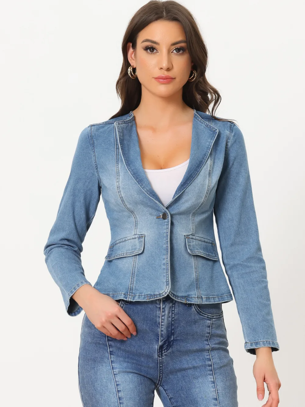 Allegra K- Stretchy Lapel Collar Jean Jackets