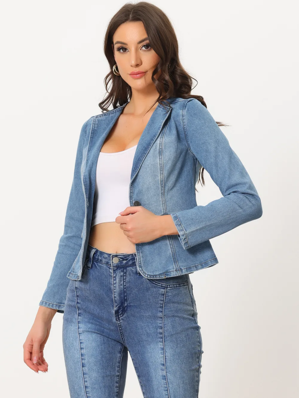 Allegra K- Stretchy Lapel Collar Jean Jackets