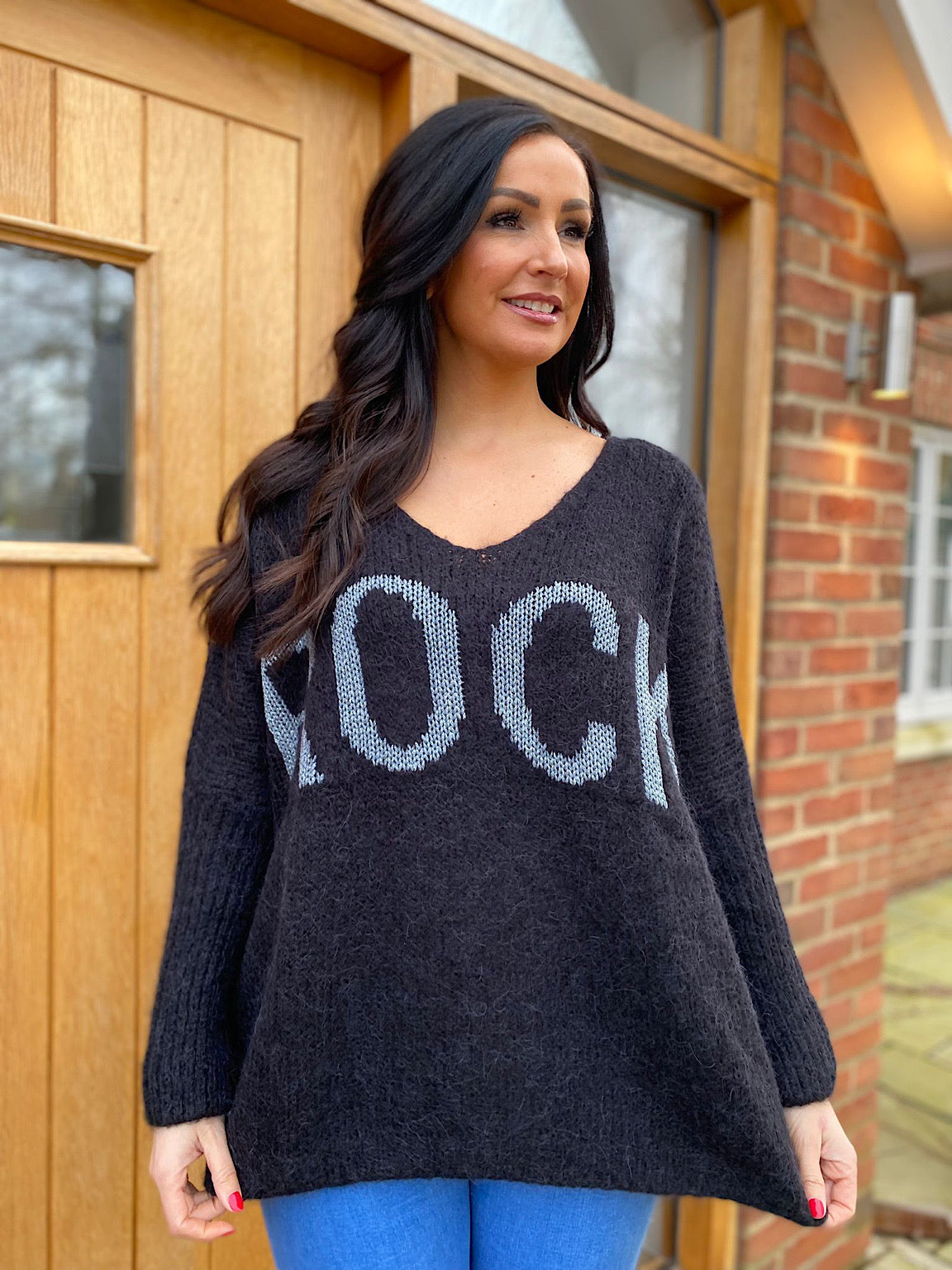 Black Rock V Neck Knitted Jumper Rocky