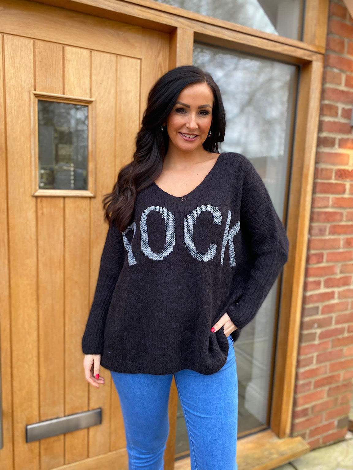 Black Rock V Neck Knitted Jumper Rocky