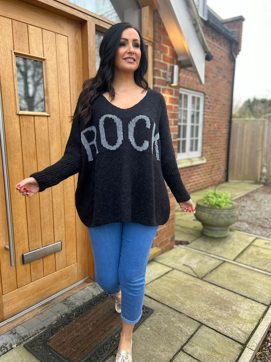 Black Rock V Neck Knitted Jumper Rocky