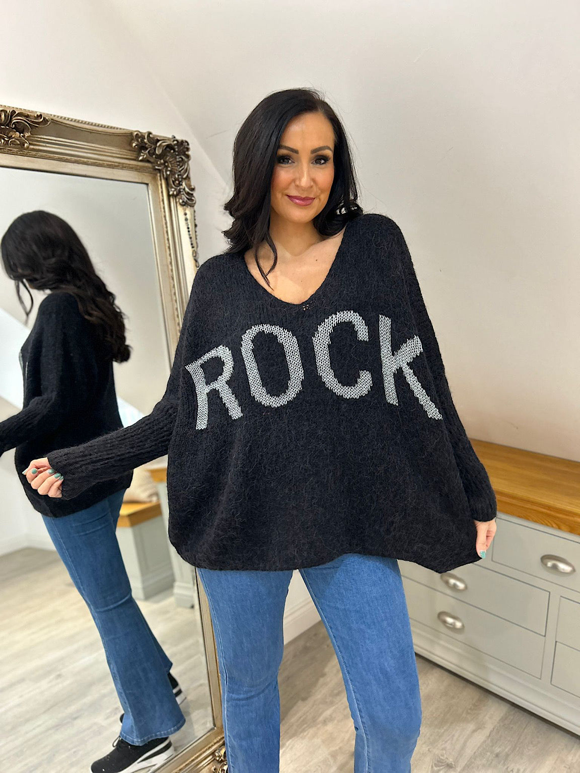 Black Rock V Neck Knitted Jumper Rocky