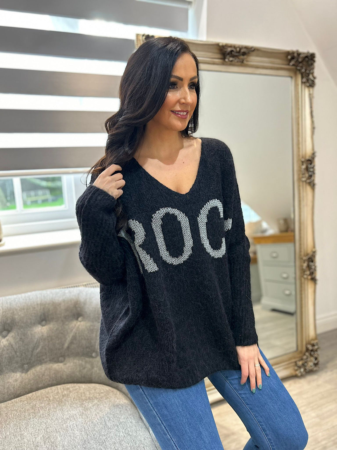 Black Rock V Neck Knitted Jumper Rocky