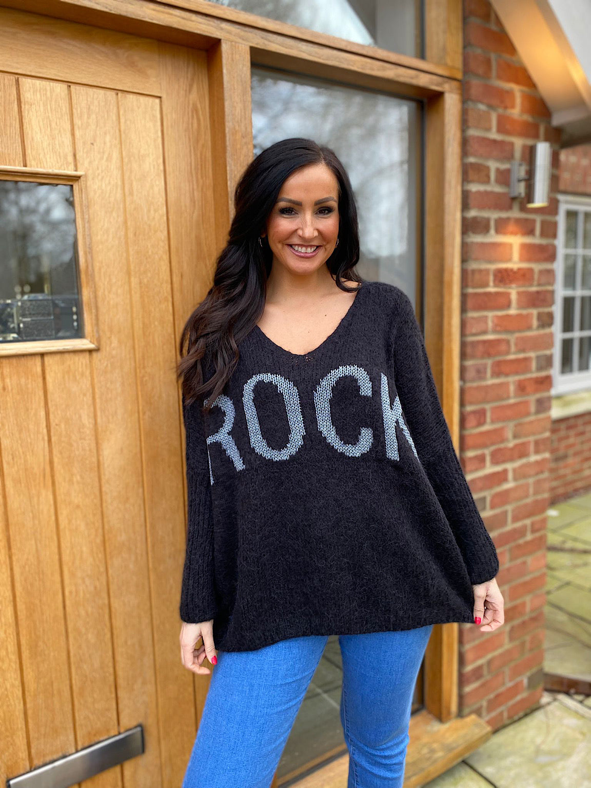 Black Rock V Neck Knitted Jumper Rocky