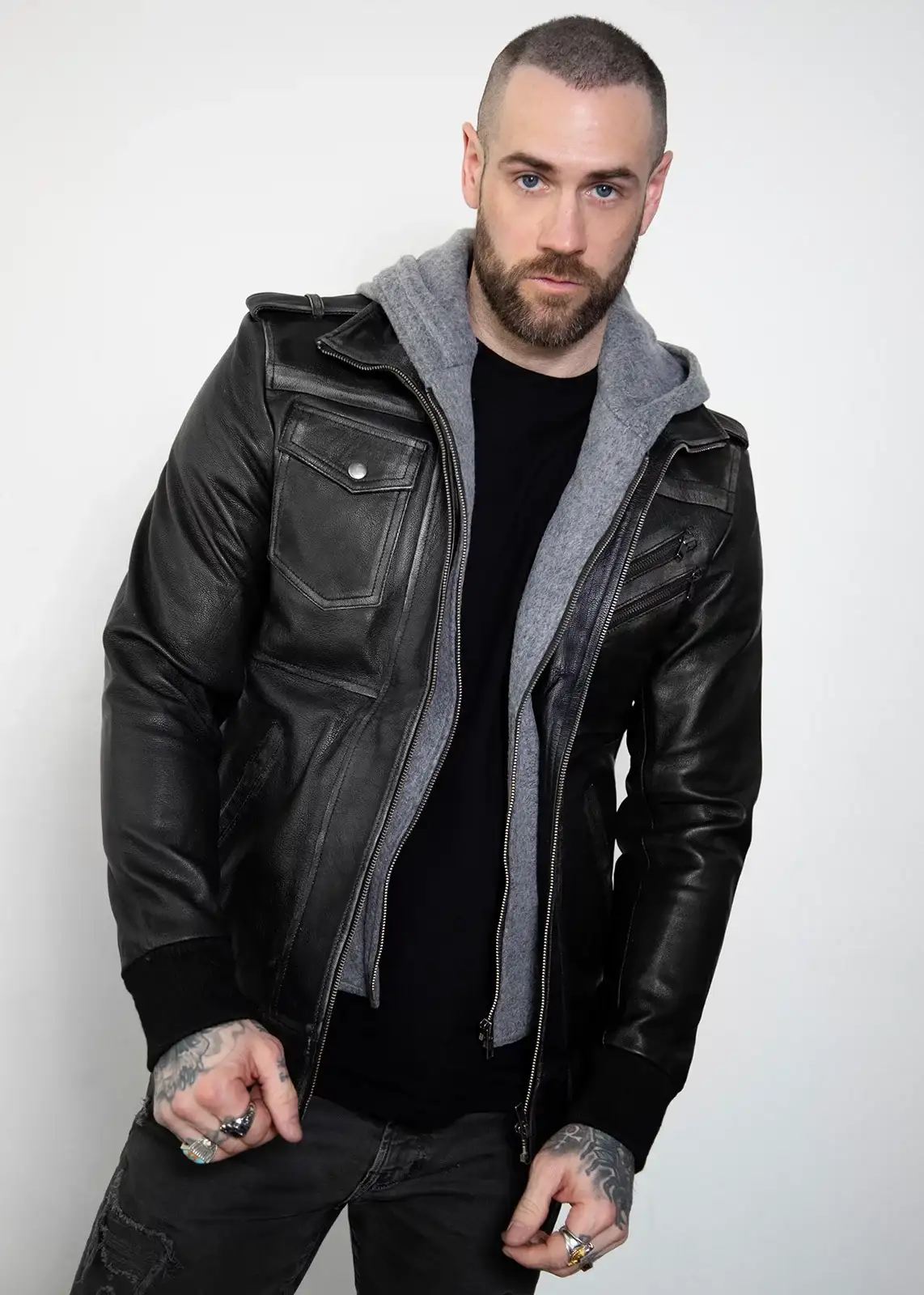 Distressed Leather Black Hooded Bomber Jacket Mens