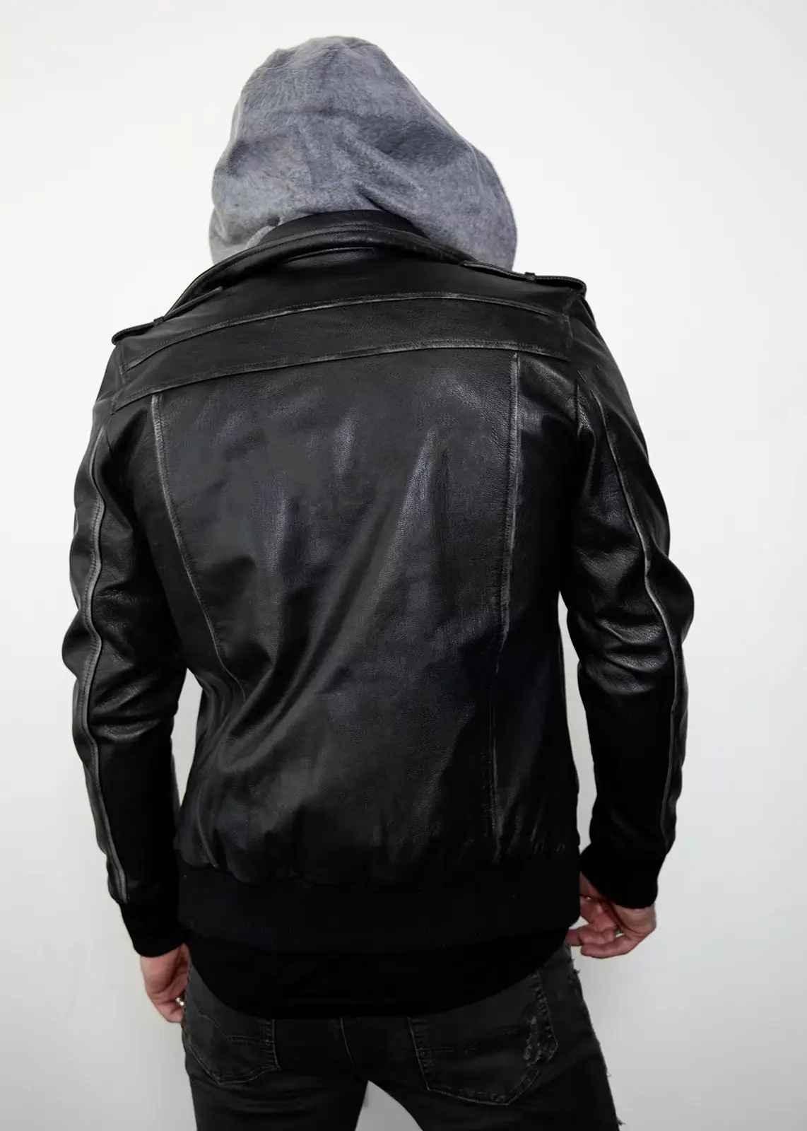 Distressed Leather Black Hooded Bomber Jacket Mens