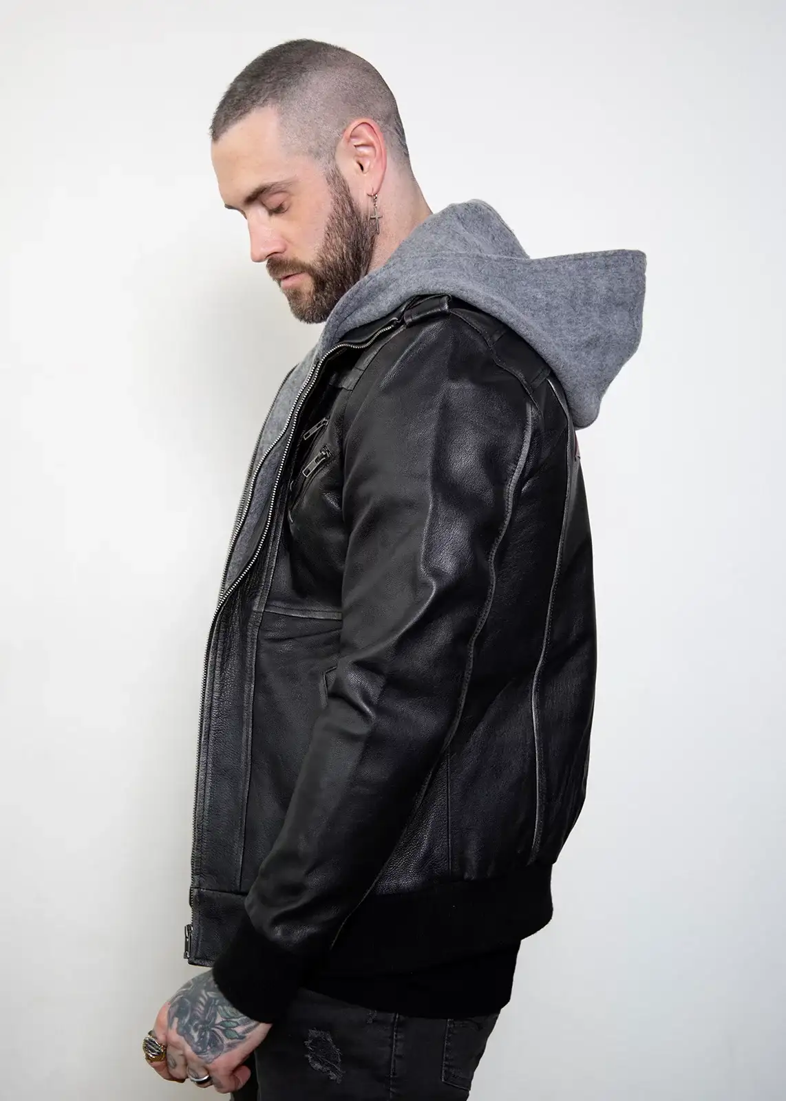 Distressed Leather Black Hooded Bomber Jacket Mens