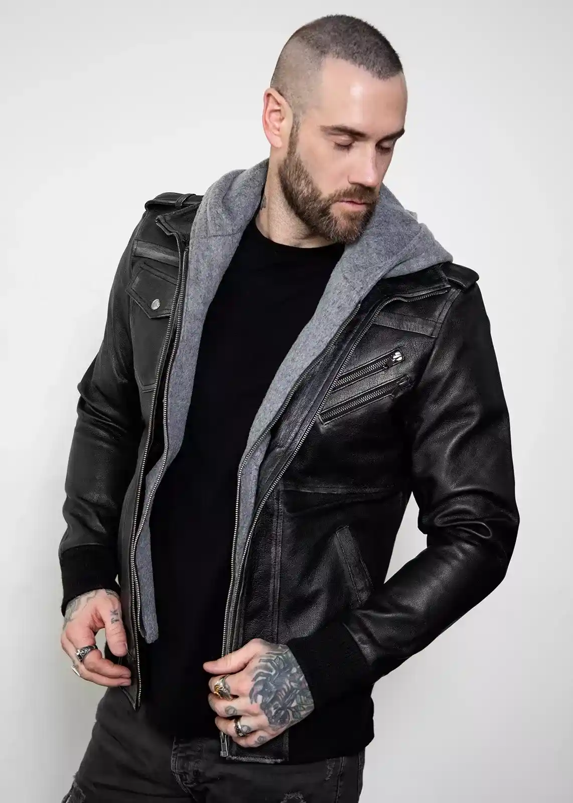 Distressed Leather Black Hooded Bomber Jacket Mens