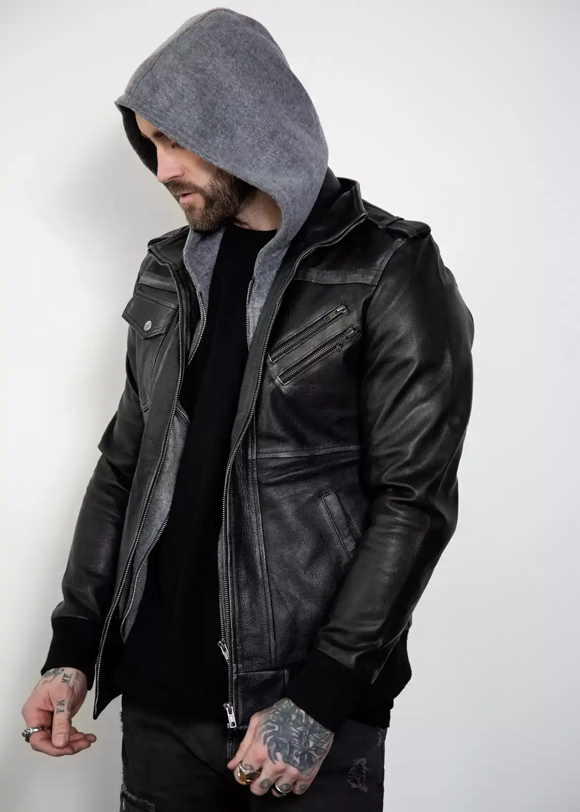 Distressed Leather Black Hooded Bomber Jacket Mens