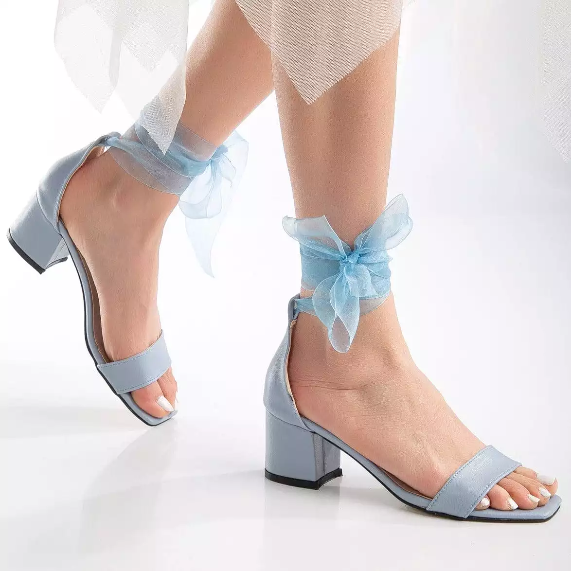 Hera Vegan Leather Ribbon Heeled Sandals | Baby Blue