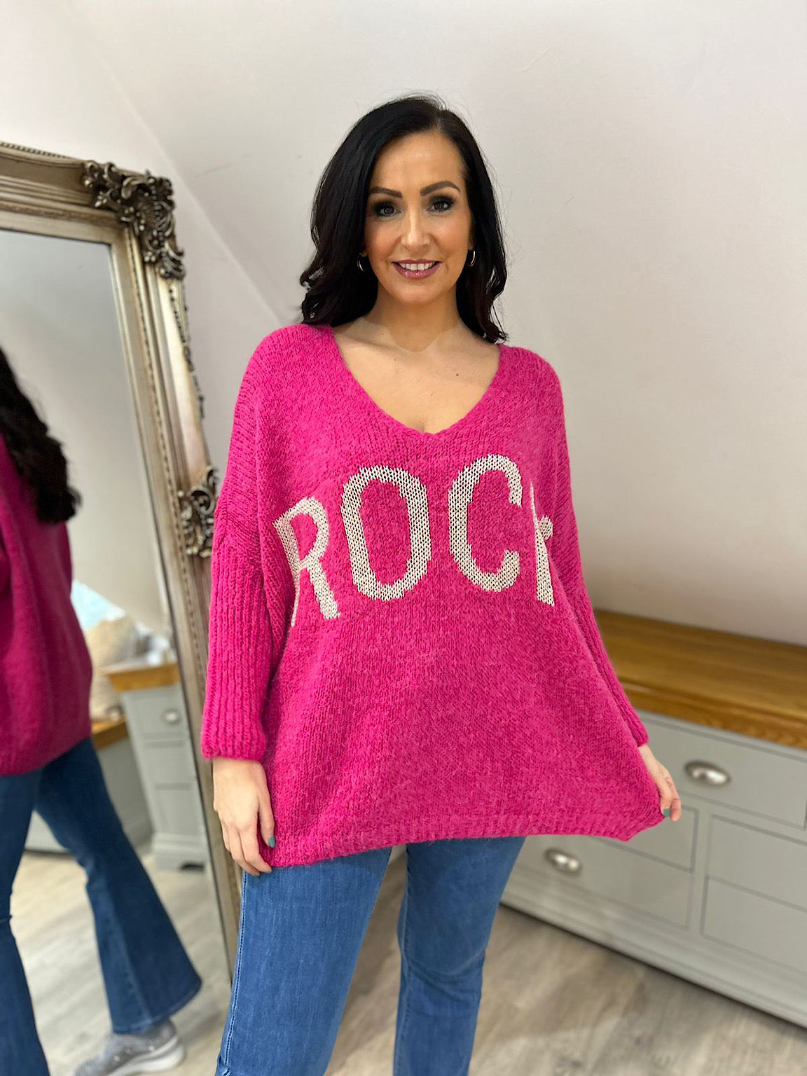 Lipstick Pink Rock V Neck Knitted Jumper Rocky