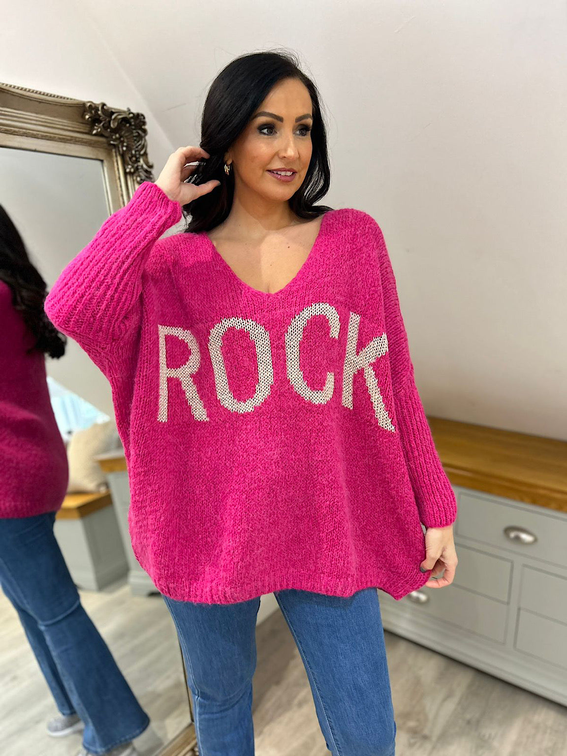 Lipstick Pink Rock V Neck Knitted Jumper Rocky