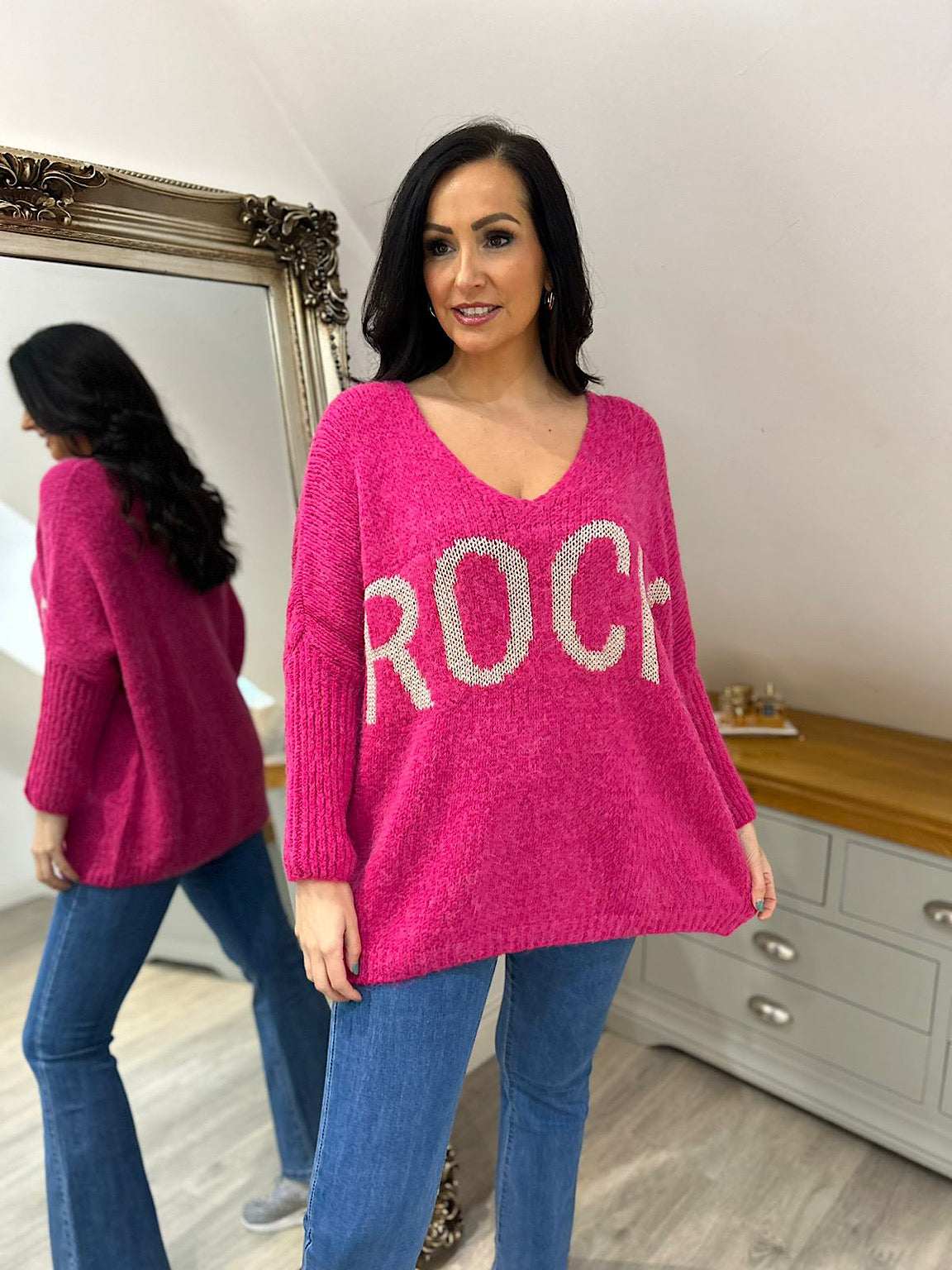 Lipstick Pink Rock V Neck Knitted Jumper Rocky