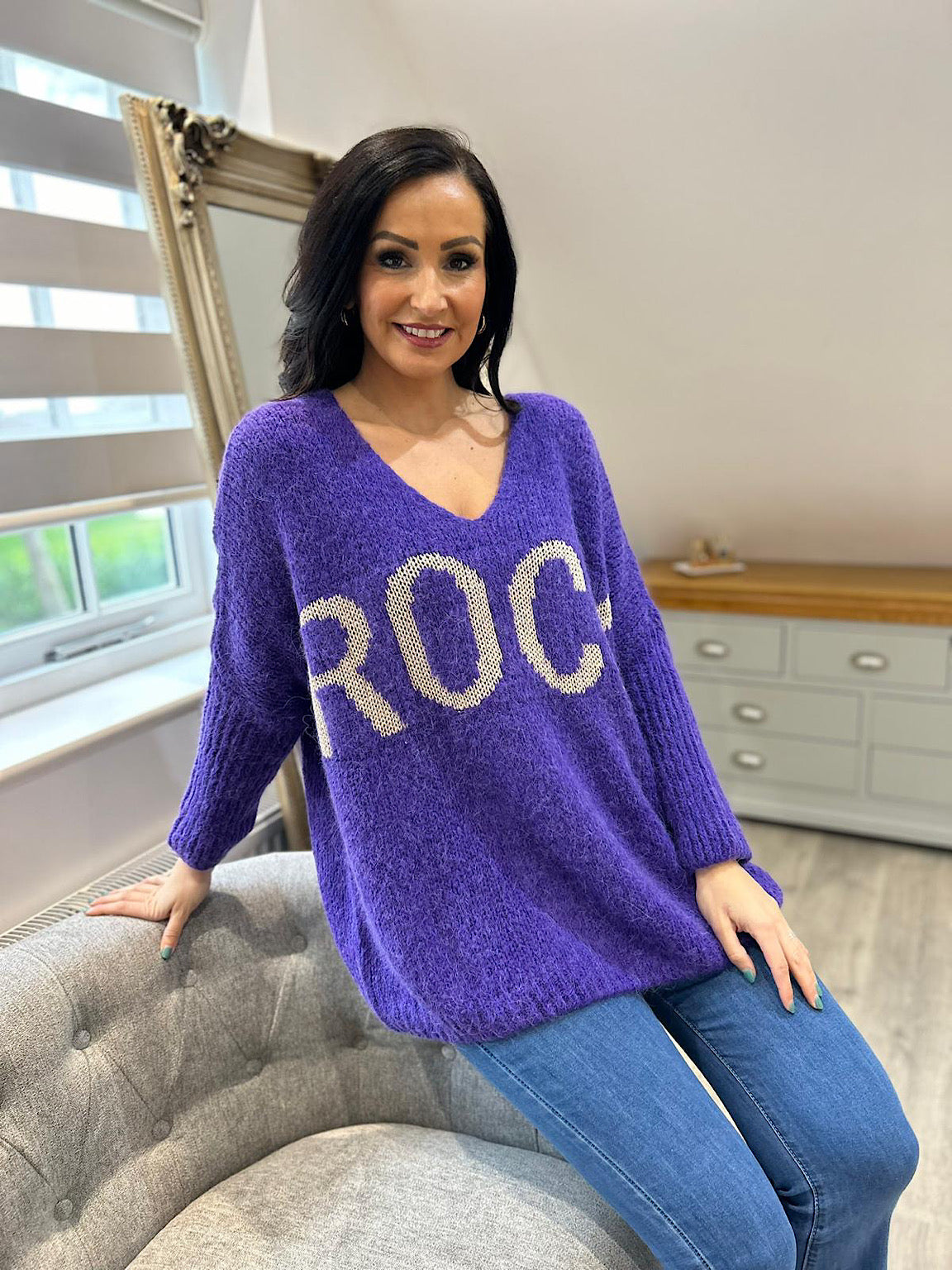 Purple Rock V Neck Knitted Jumper Rocky