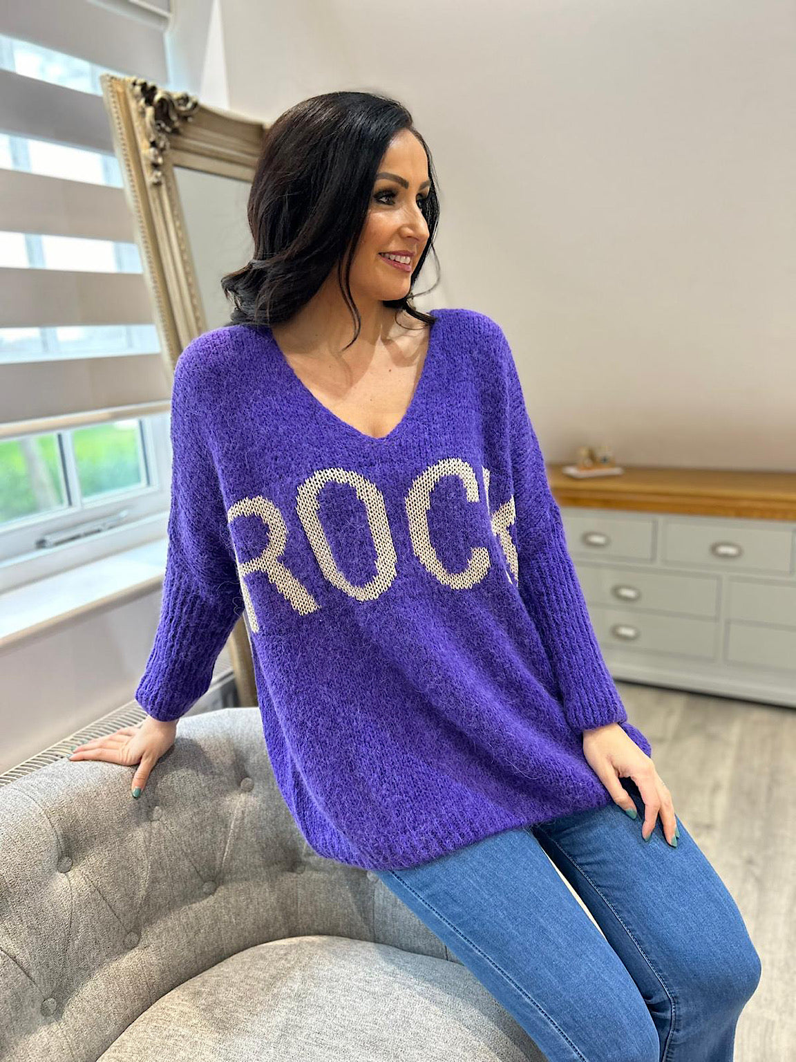 Purple Rock V Neck Knitted Jumper Rocky