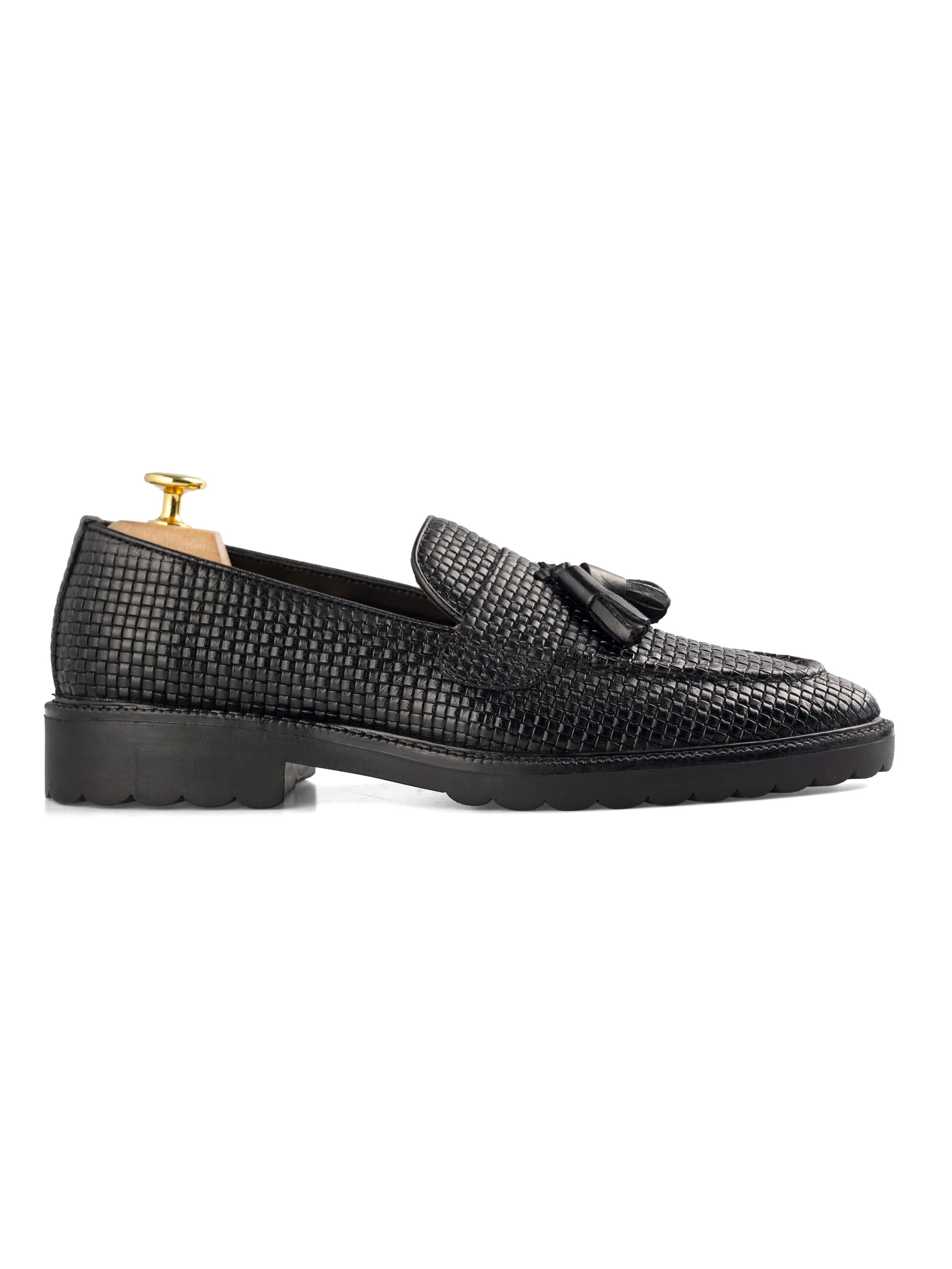 Rocky Tassel Loafer - Black Woven Leather (Combat Sole)