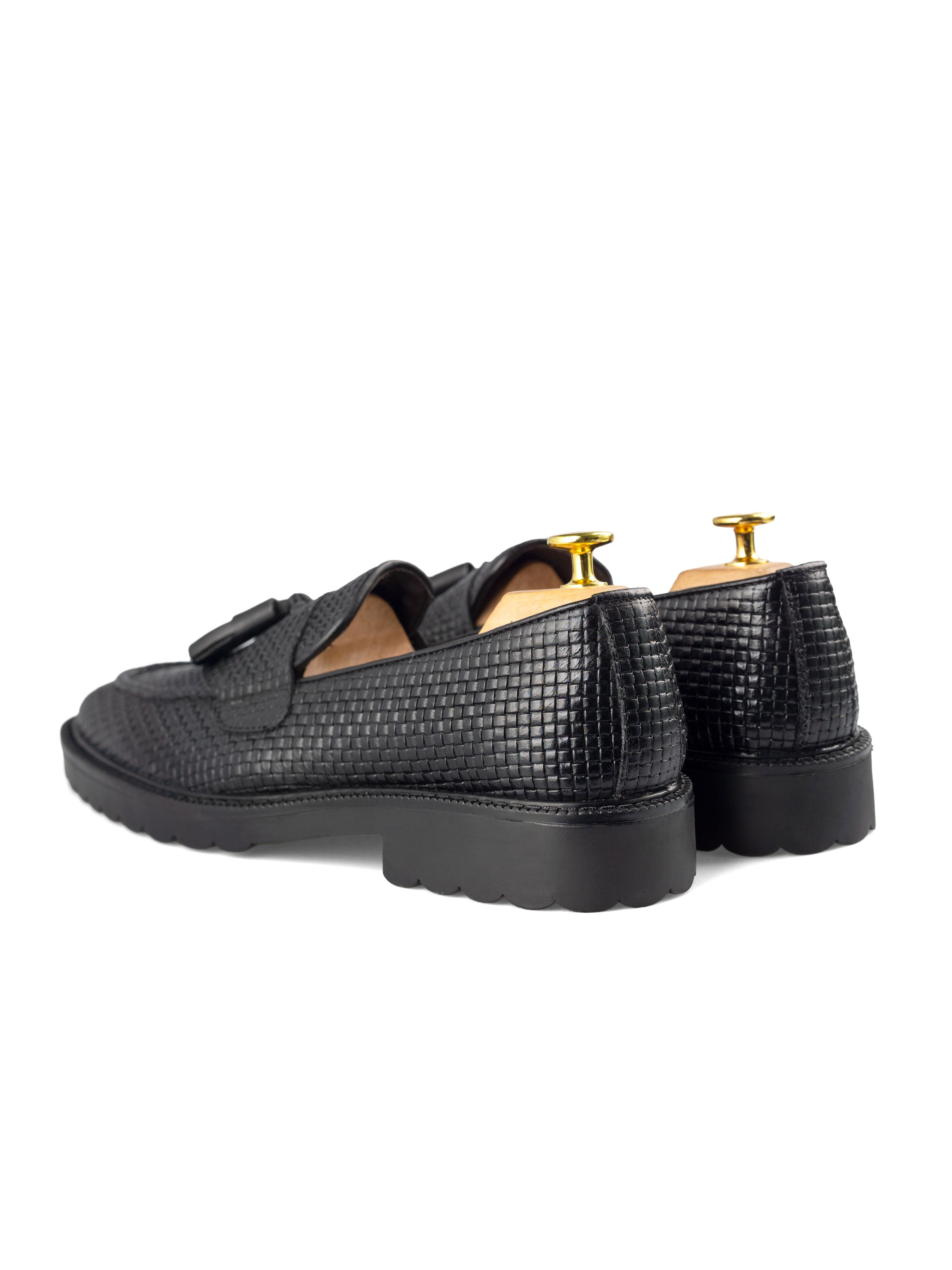 Rocky Tassel Loafer - Black Woven Leather (Combat Sole)