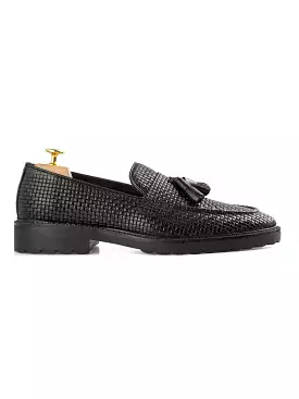 Rocky Tassel Loafer - Black Woven Leather (Combat Sole)