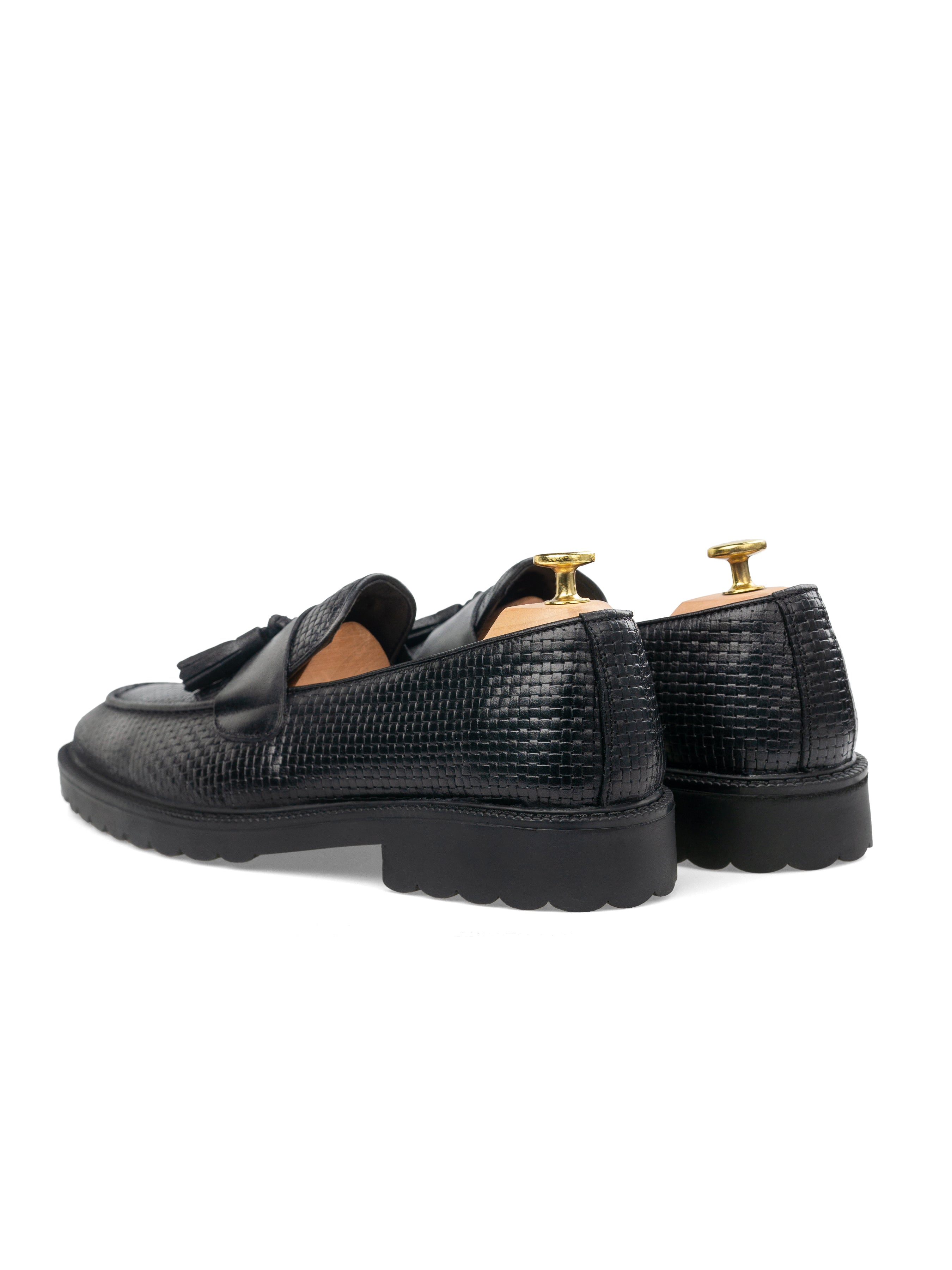 Rocky Tassel Loafer - Black Woven Leather with Solid Strap (Combat Sole)