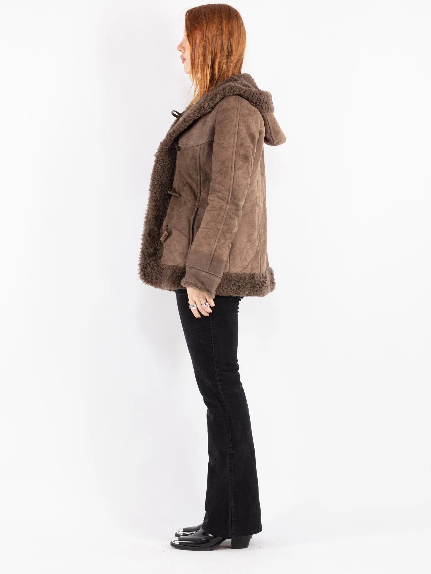 Vintage 70's Women Hooded Sheepskin Jacket in Brown