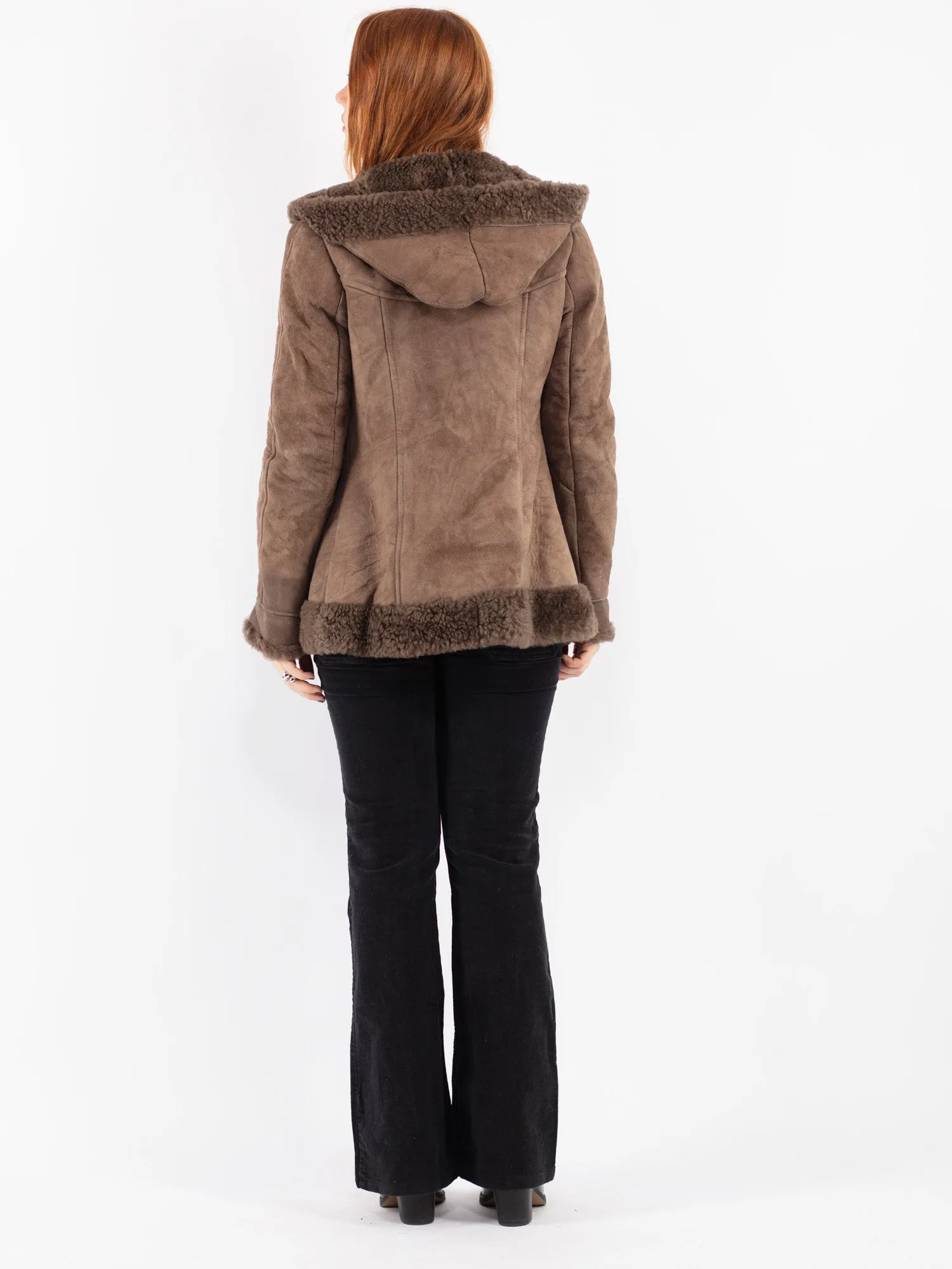 Vintage 70's Women Hooded Sheepskin Jacket in Brown