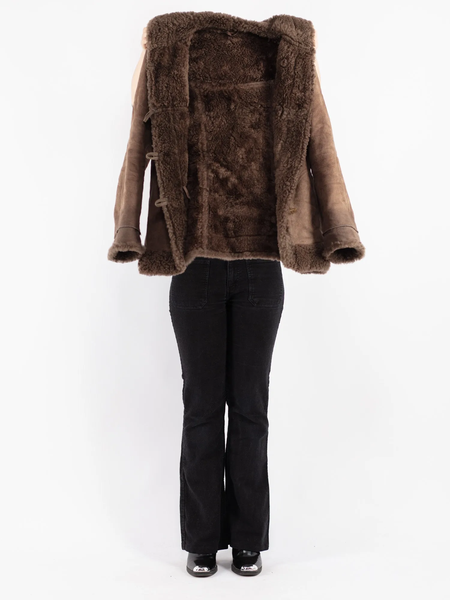 Vintage 70's Women Hooded Sheepskin Jacket in Brown